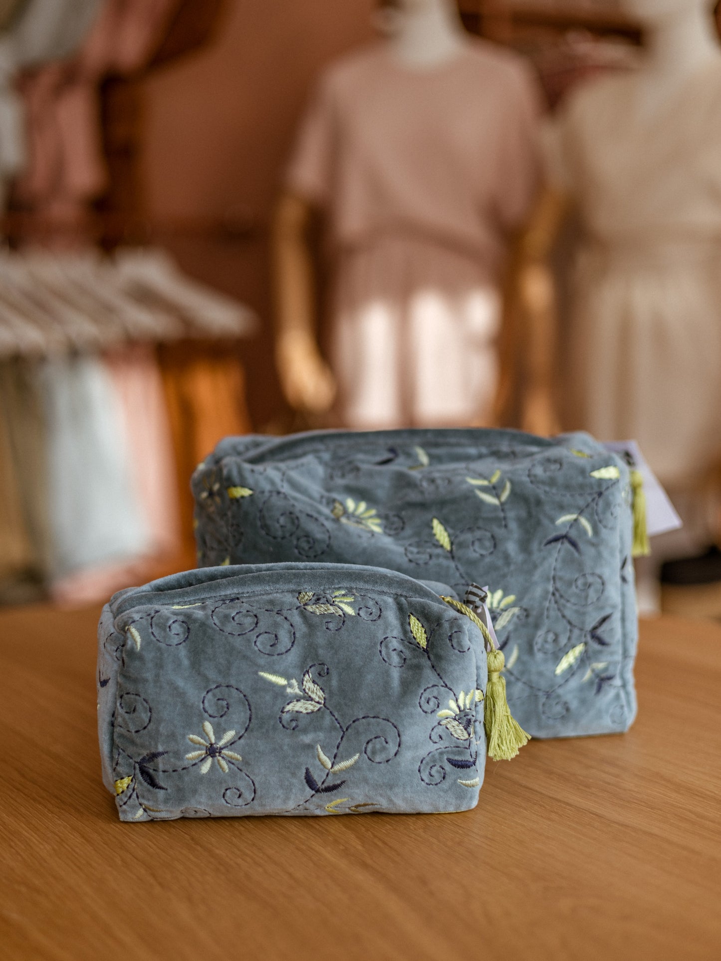 Makeup bag / Embroidered Dusty Blue