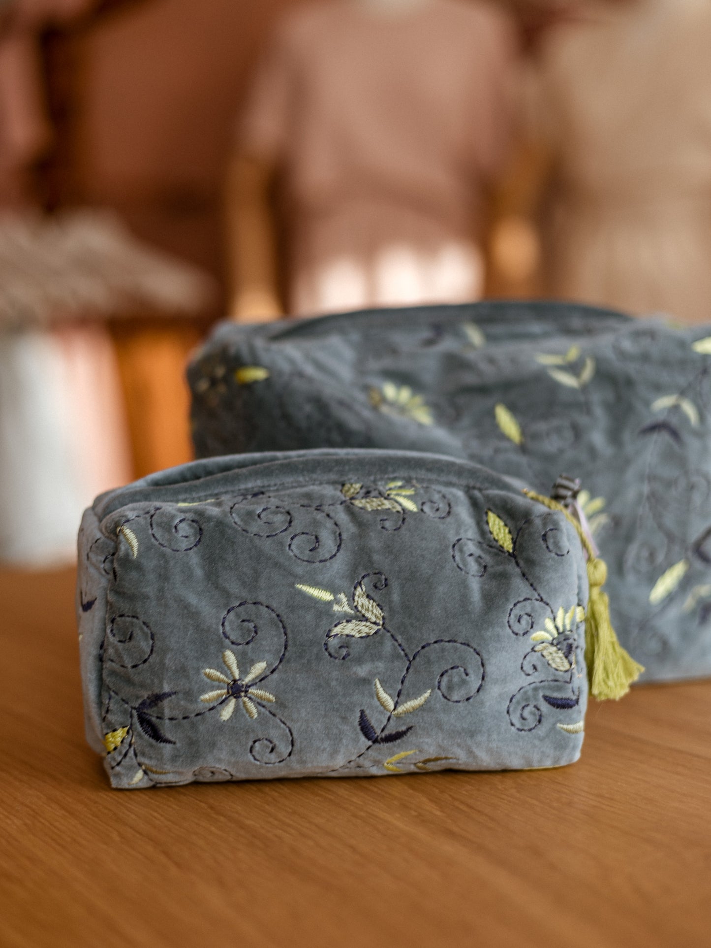 Makeup bag / Embroidered Dusty Blue