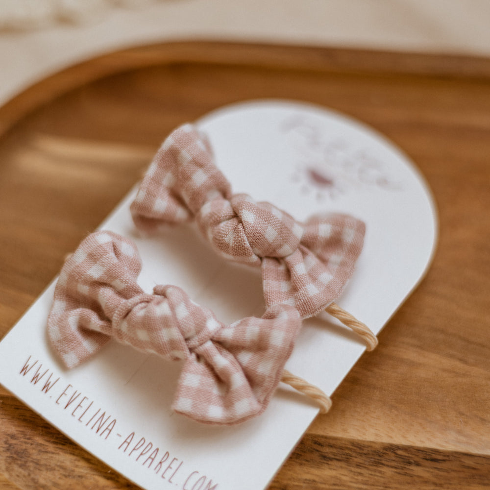 Pigtails bow set / Mini Checkers - Blush