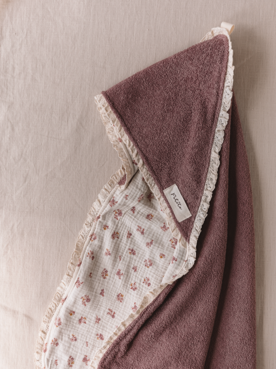 Baby Hooded towel  /  mauve floral + lace