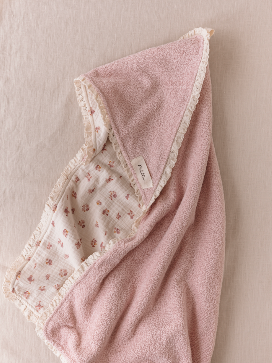 Baby Hooded towel  /  blush floral + lace