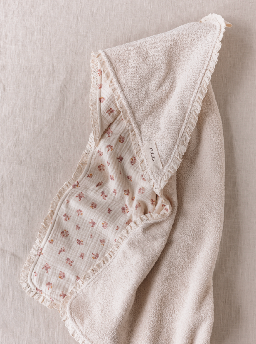 Baby Hooded towel  /  ecru floral + lace