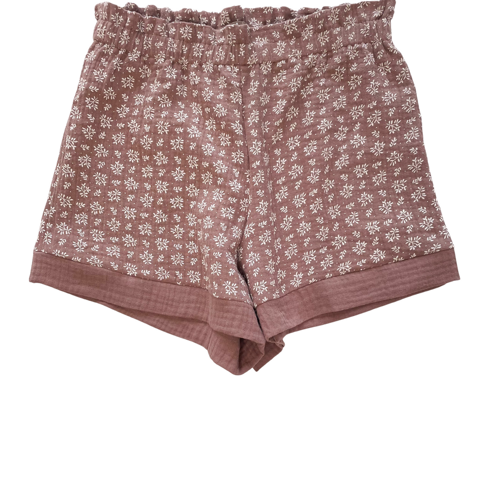 Muslin ruffle shorts / branches - dark mauve