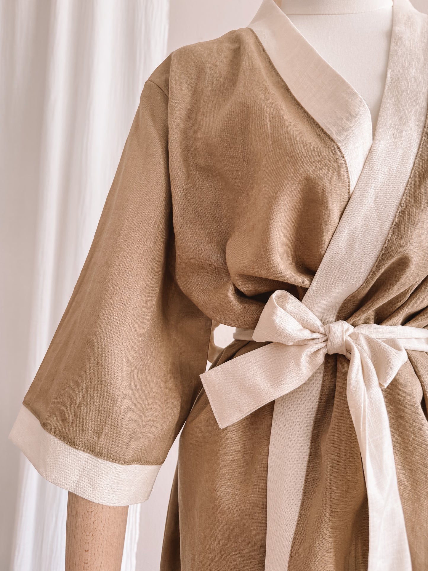 Linen robe  / colorblock - khaki