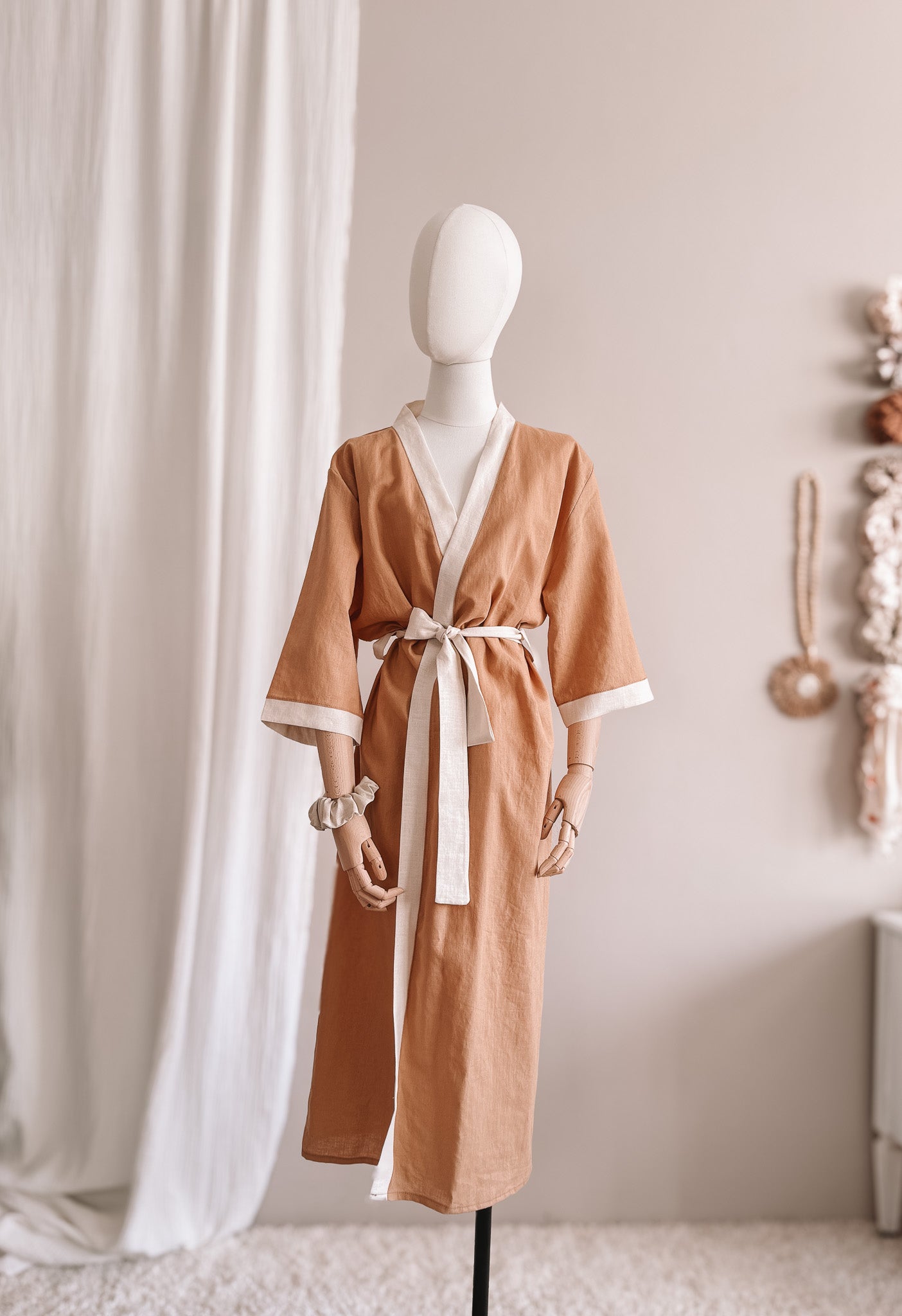 Linen robe  / colorblock - cinnamon