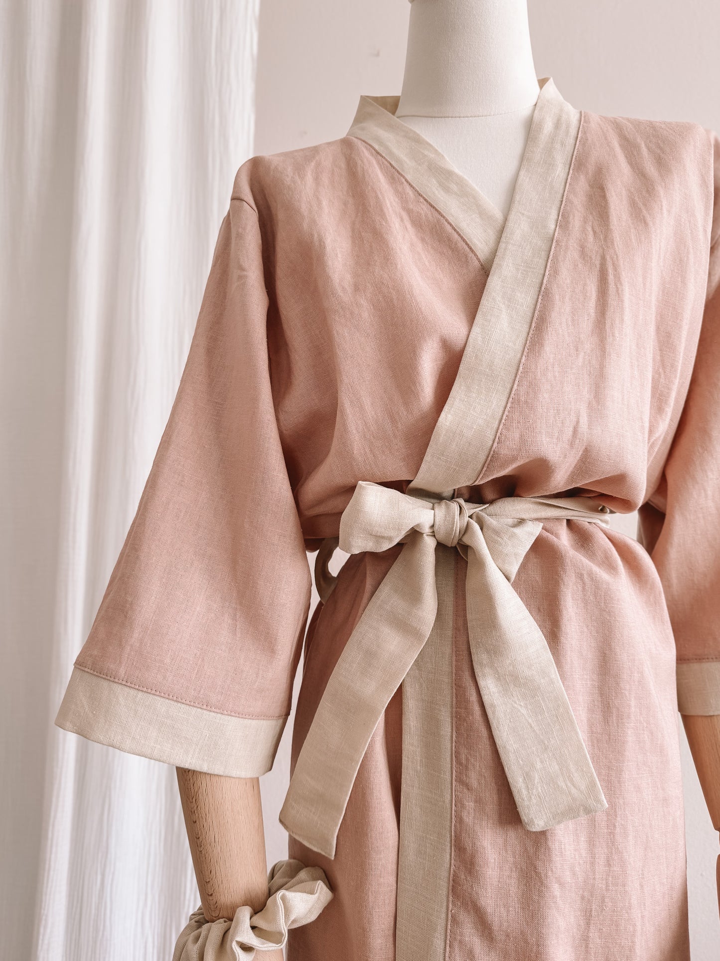 Linen robe  / colorblock - blush