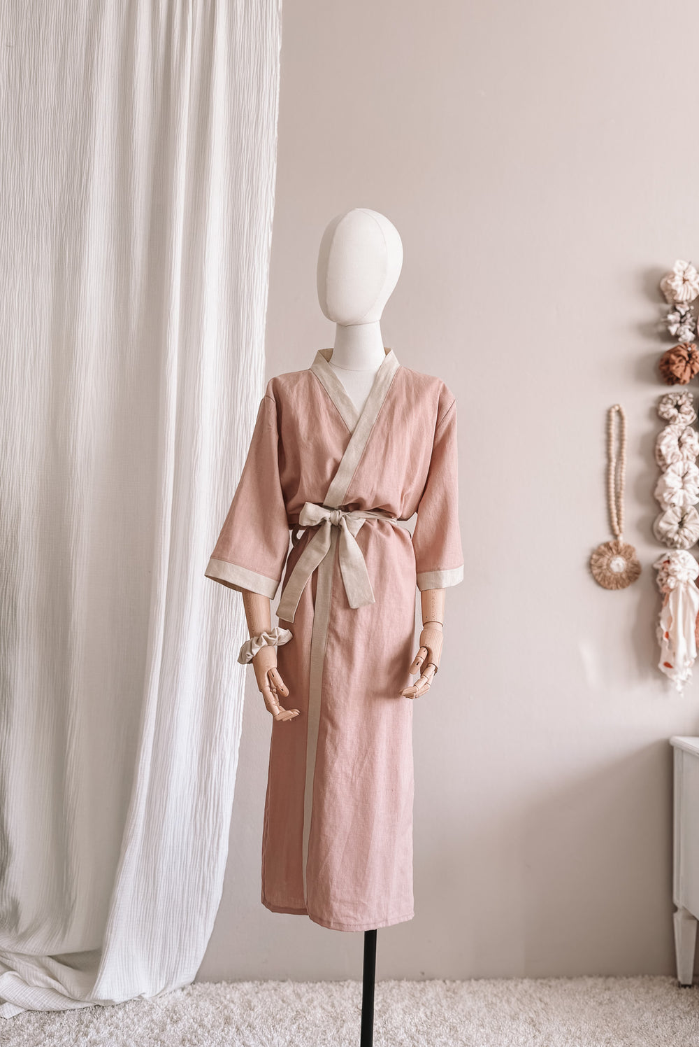 Linen robe  / colorblock - blush