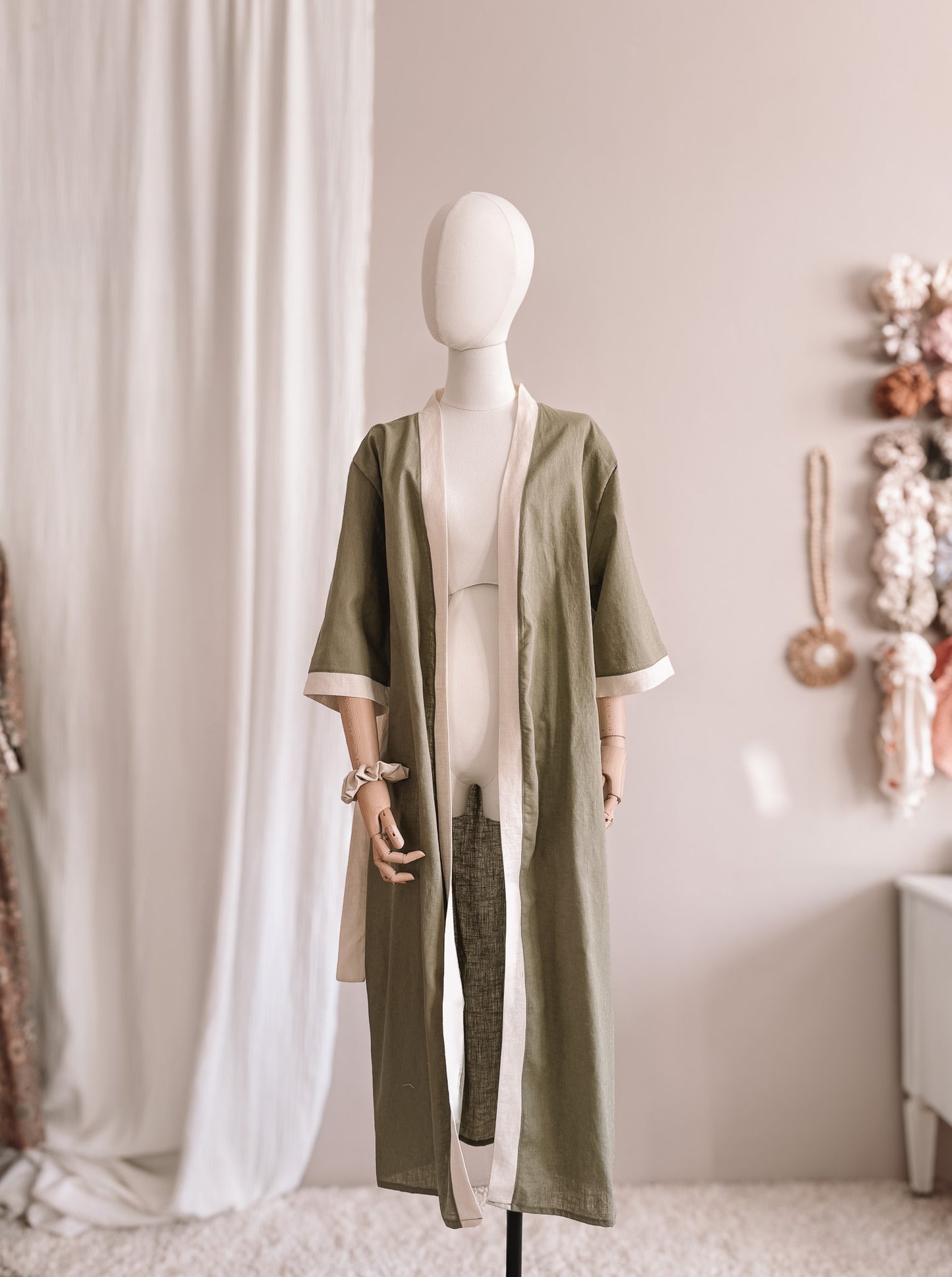 Linen robe  / colorblock - olive