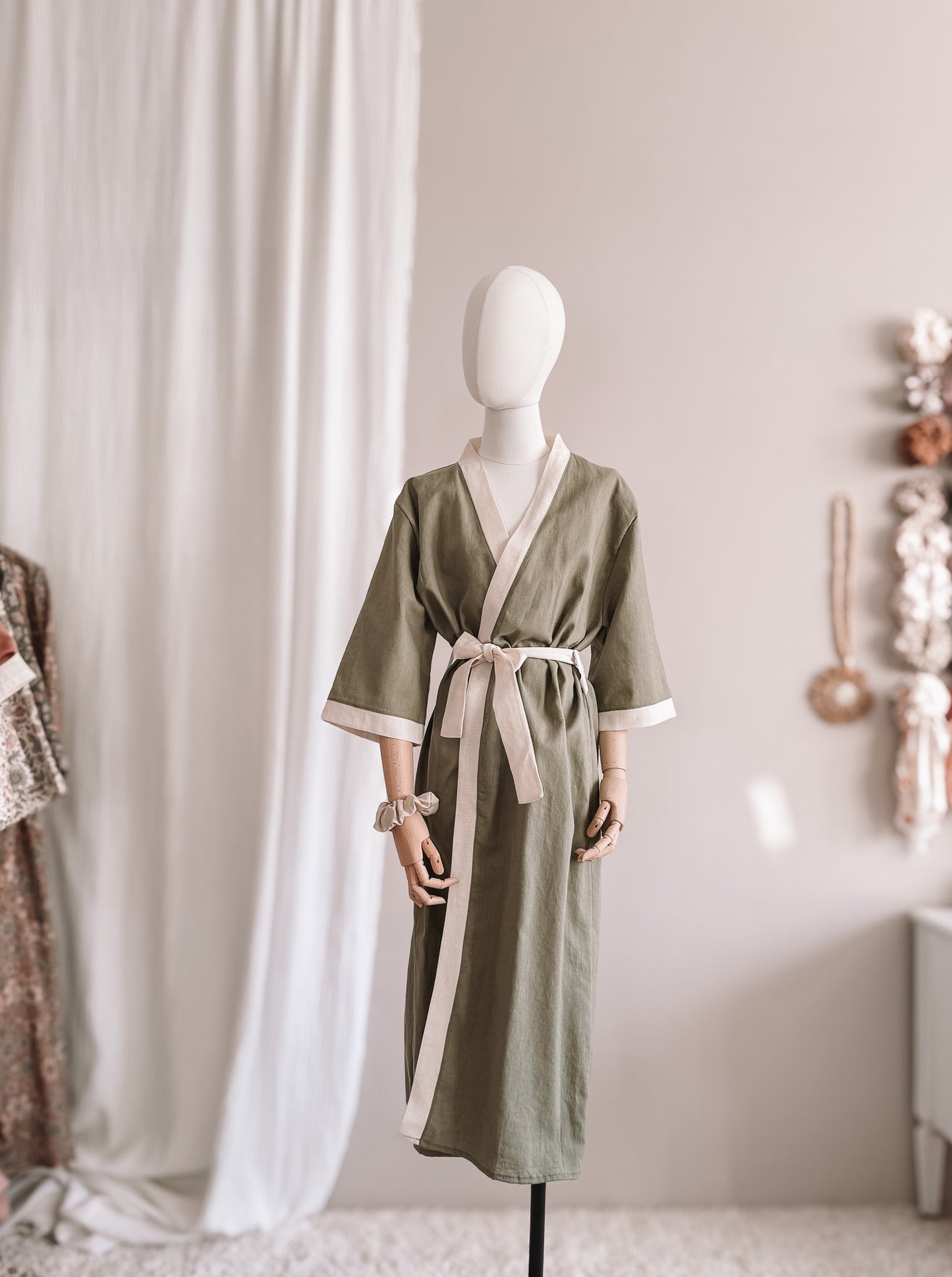 Linen robe  / colorblock - olive