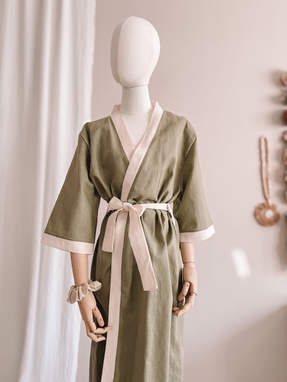 Linen robe  / colorblock - olive