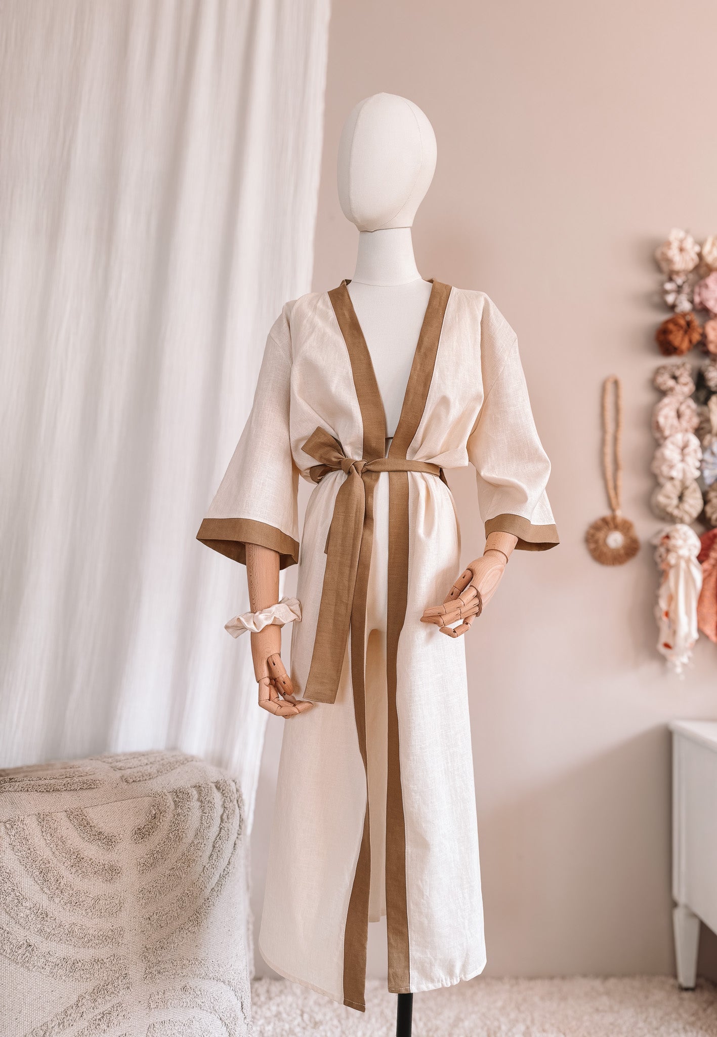 Linen robe  / colorblock - milk