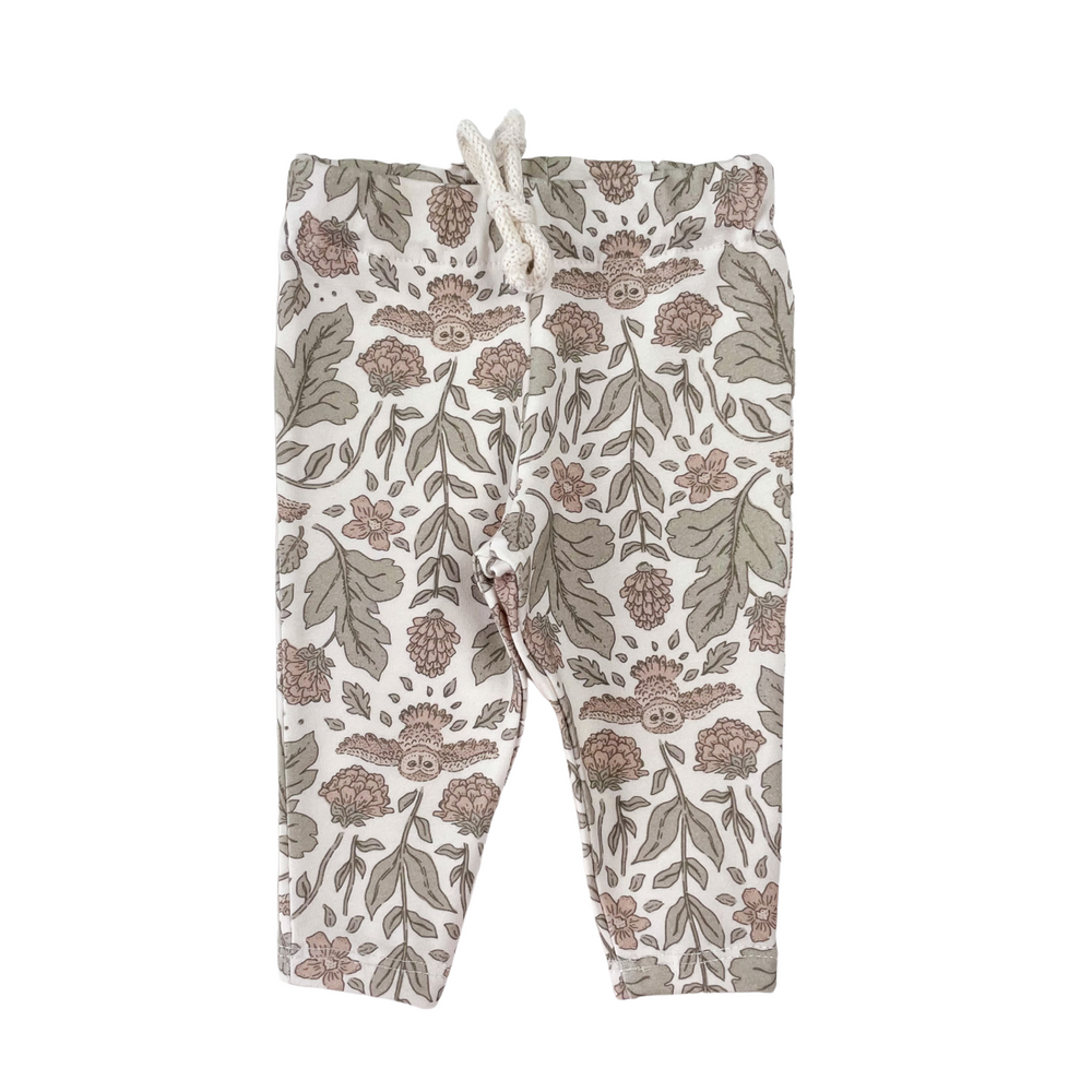 Baby leggings/ botanical owls - ecru