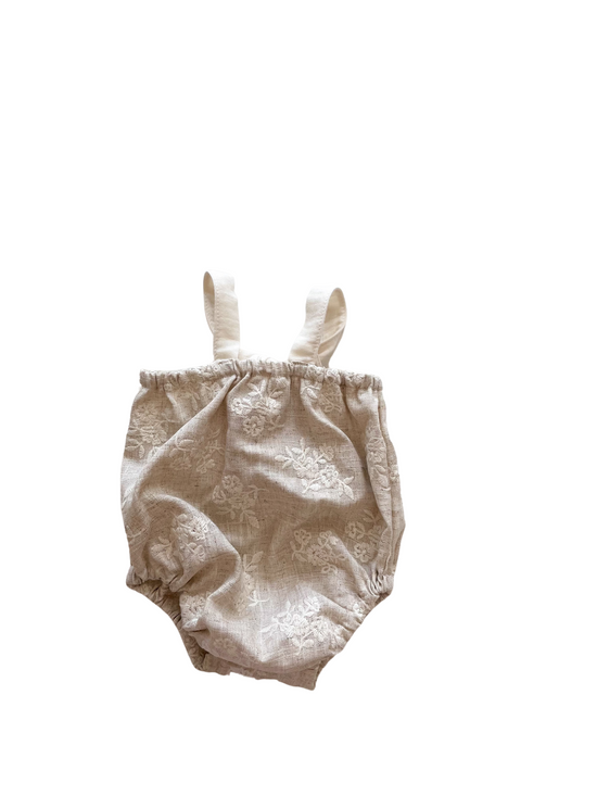 Load image into Gallery viewer, Baby romper / linen embroidered bouquets
