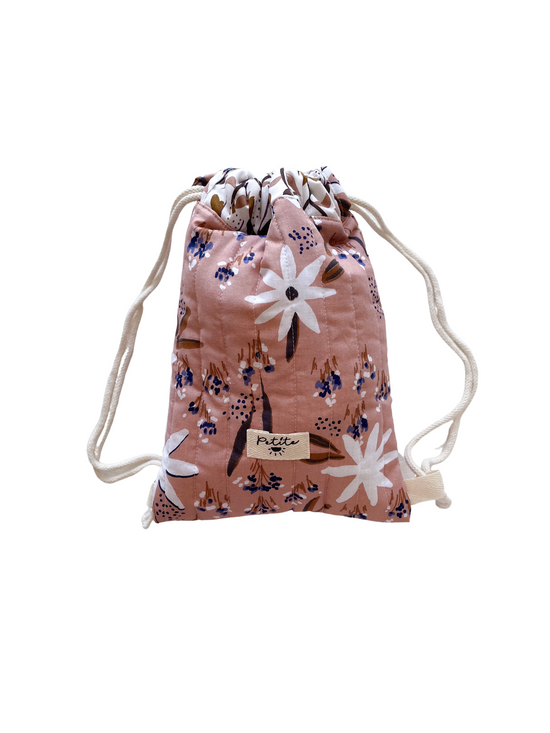 Quilted drawstring backpack / floral rose