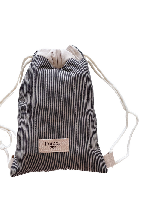 Cotton drawstring backpack / stripes - charcoal