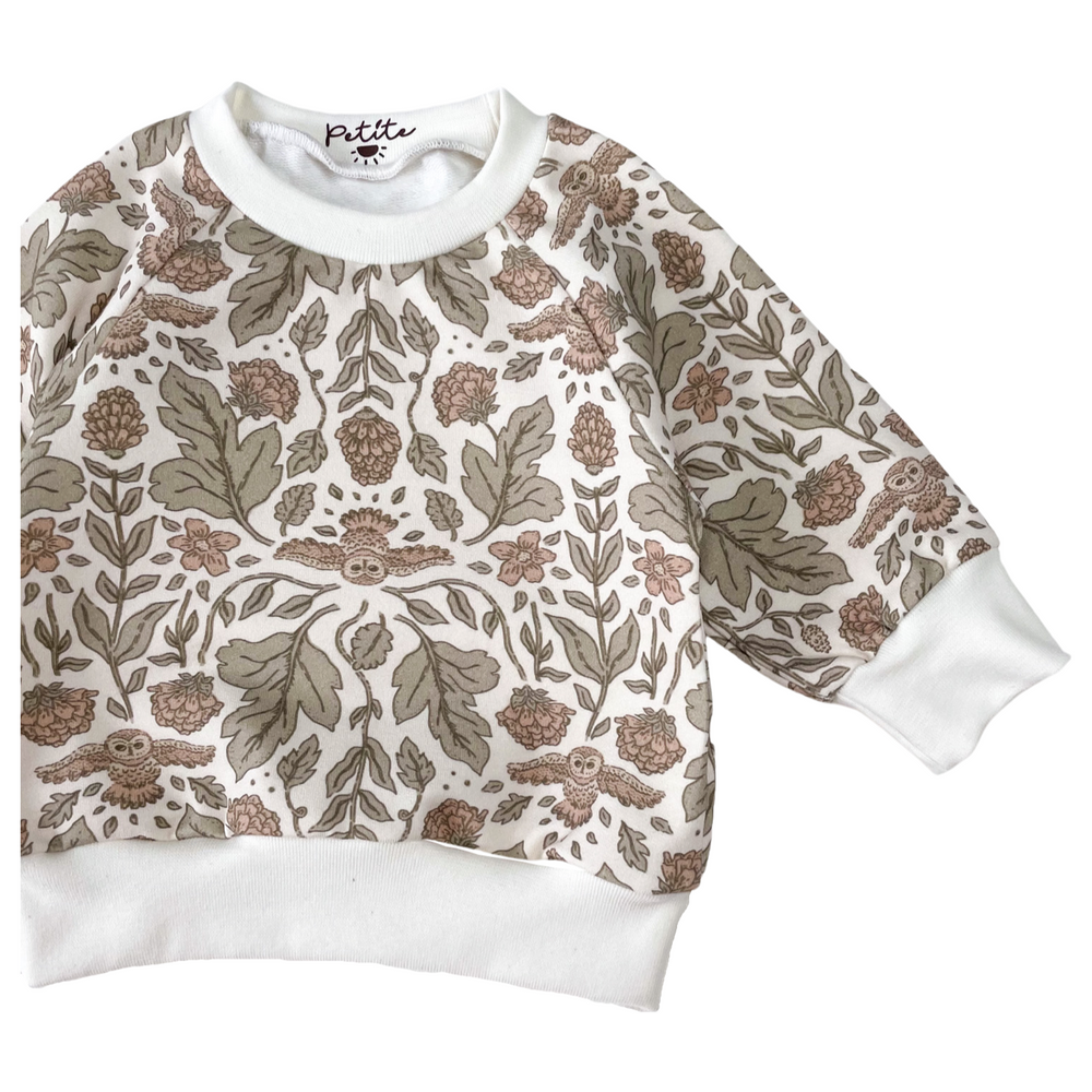 Baby cotton sweatshirt / botanical owls - ecru