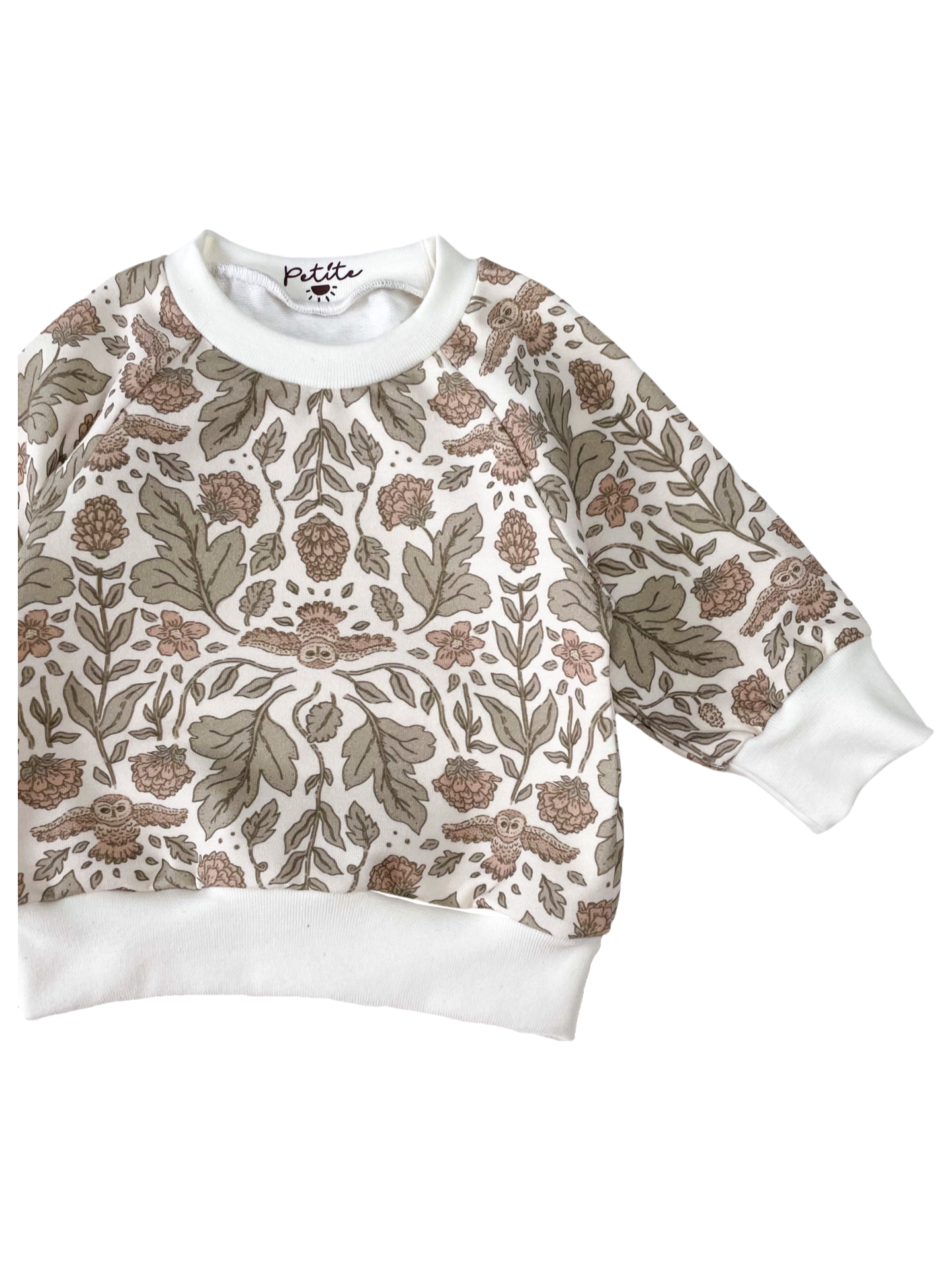 Baby cotton sweatshirt / botanical owls - ecru