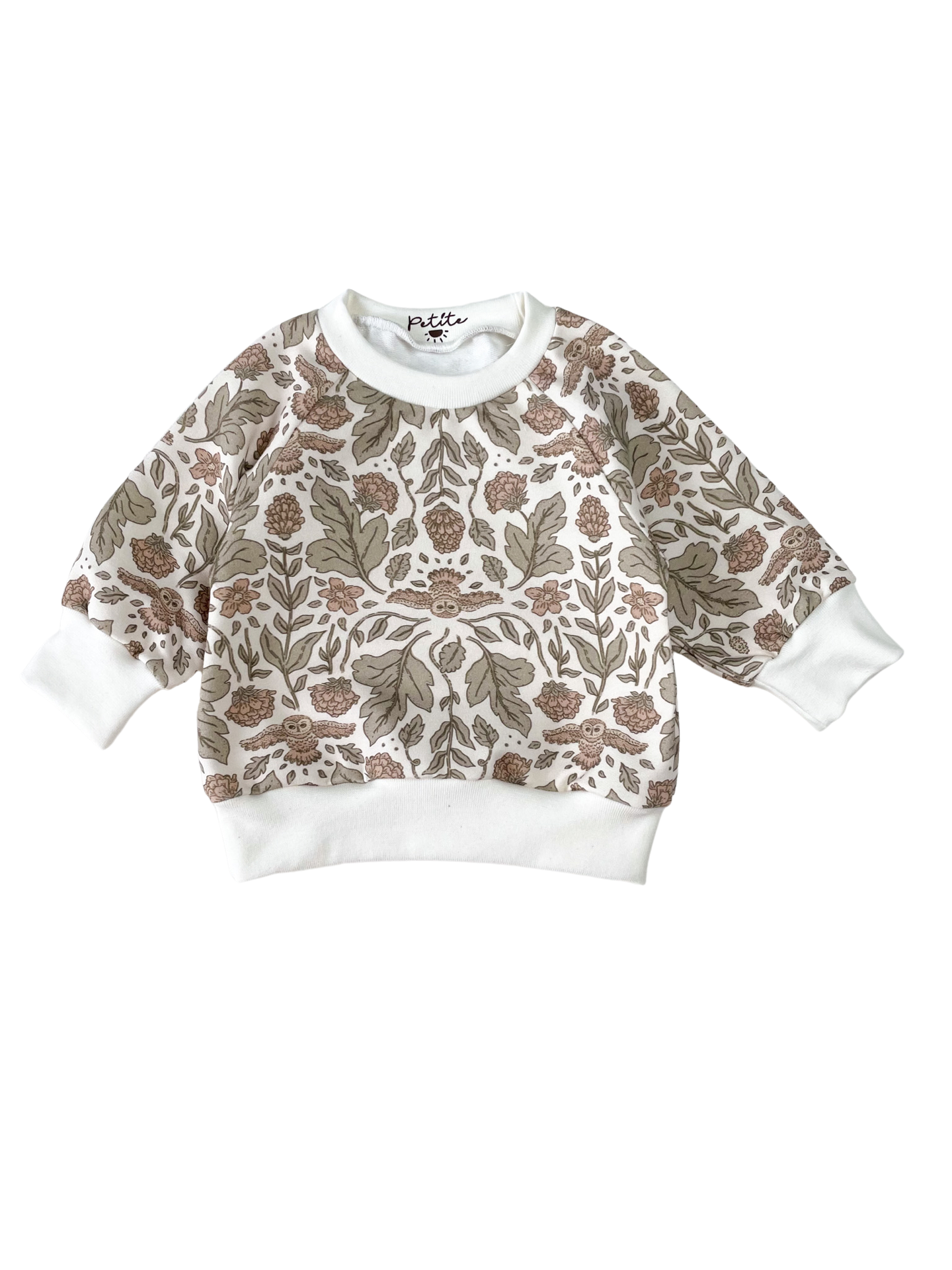 Baby cotton sweatshirt / botanical owls - ecru