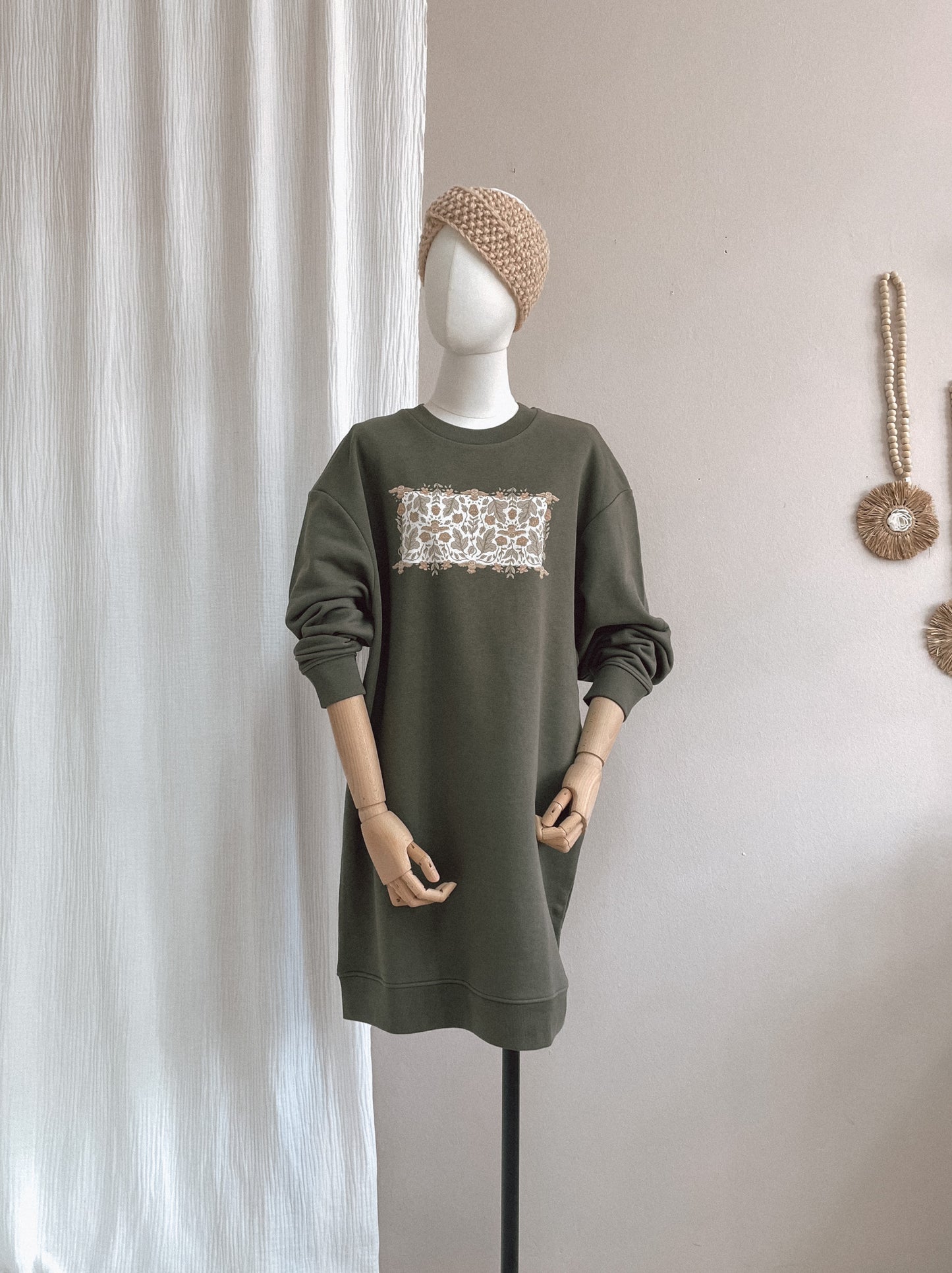 Oversized sweatshirt dress / Ecru botanical owls / rosemary
