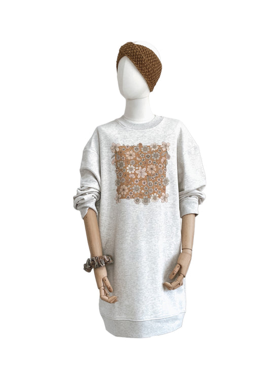 Oversized sweatshirt dress / Caramel Bold floral / creamy grey