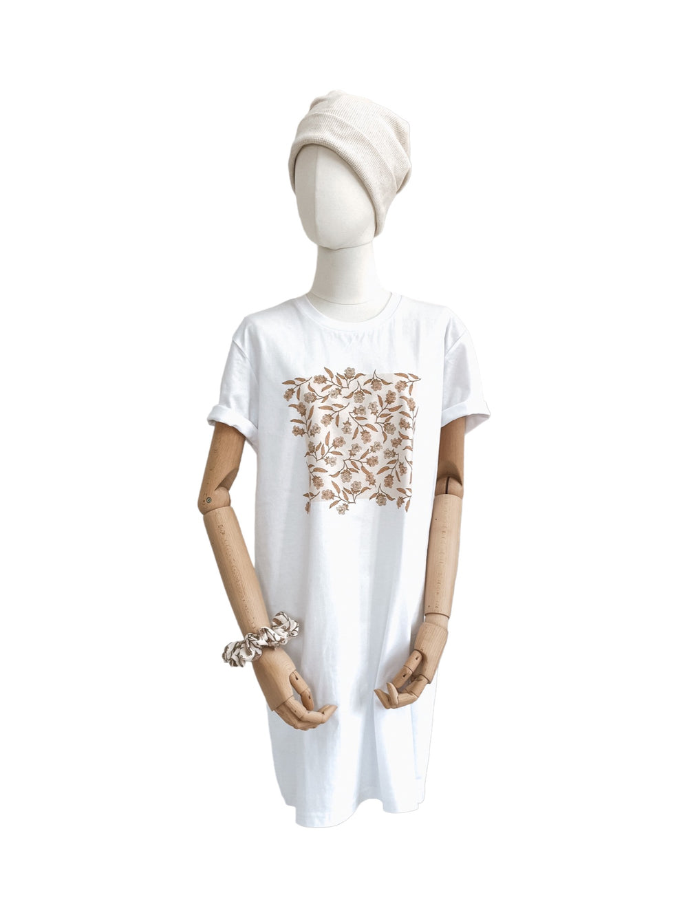 T-shirt obleka / bell flowers - white