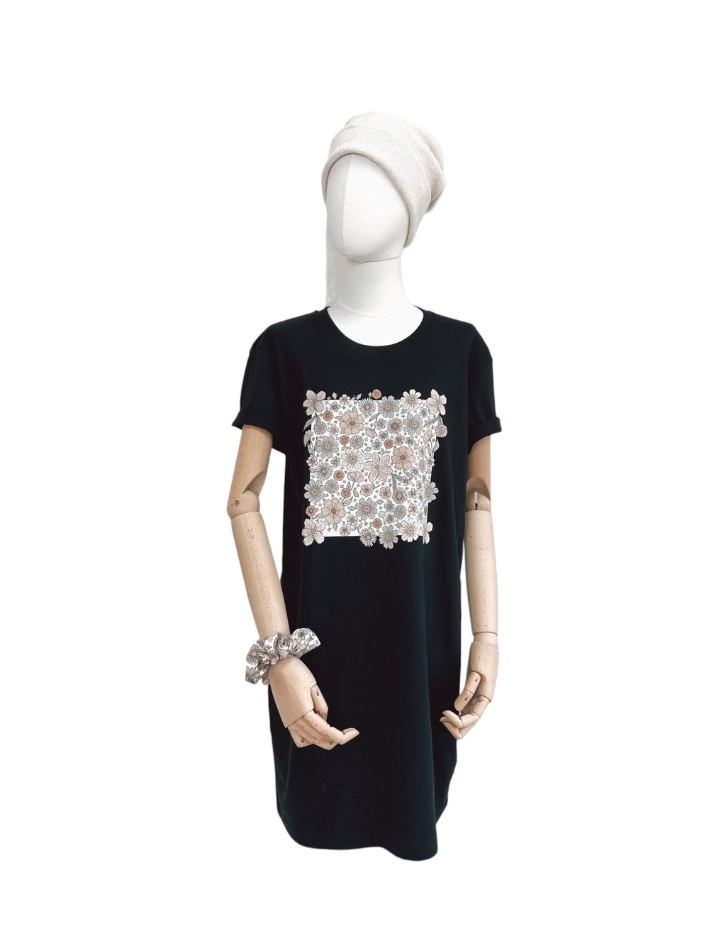 T-shirt obleka / ecru bold floral - black