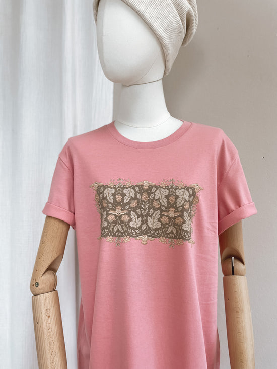 T-shirt dress / Forest green botanical owls / bubble gum