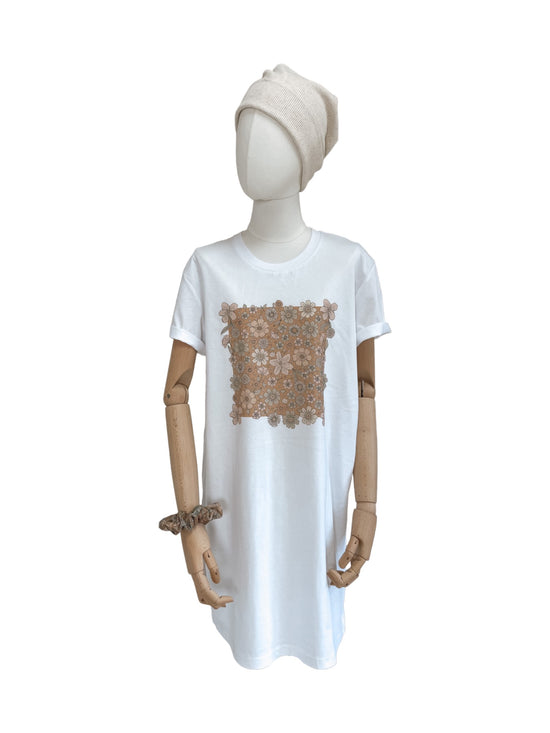 T-shirt dress / Caramel bold floral / white