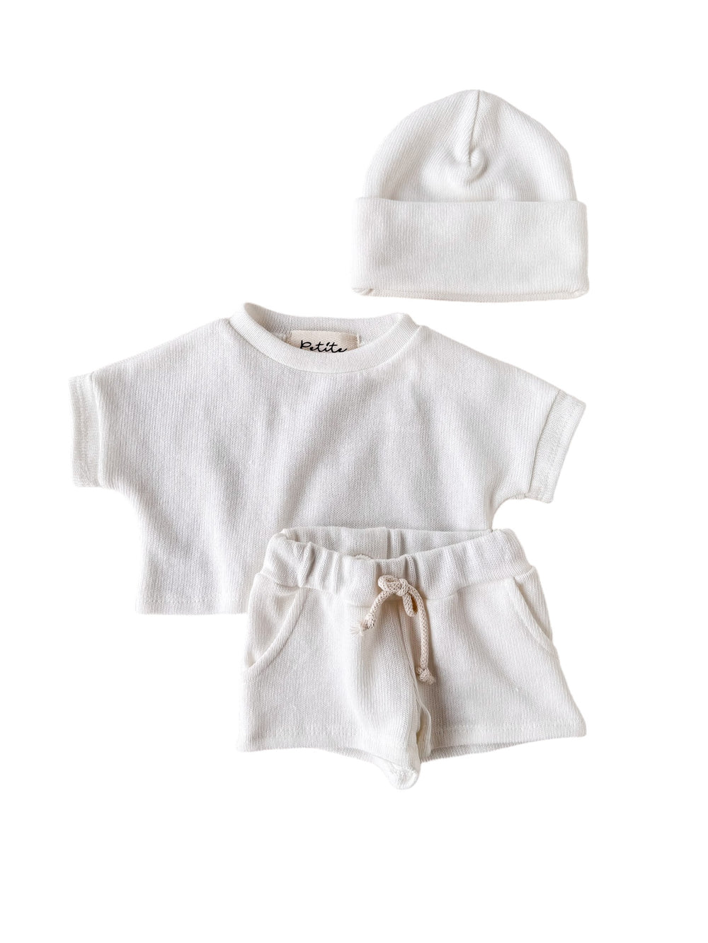 Knit shorts + top + headband / ivory