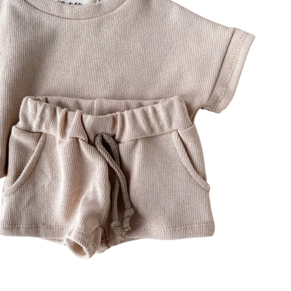 Knit shorts + top + headband / light beige