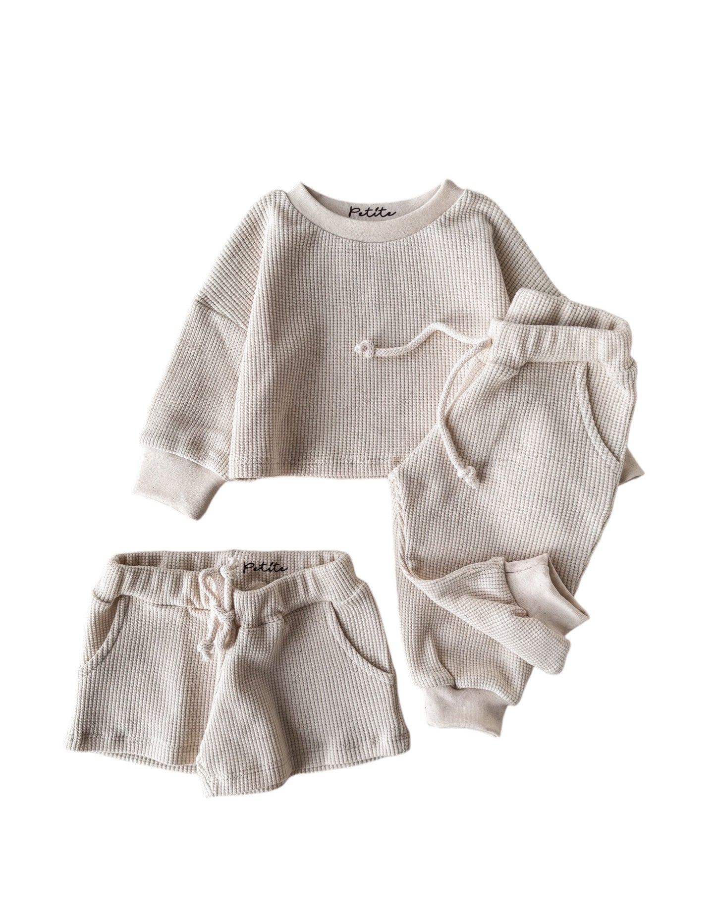 Linen waffle set / sweater + shorts + sweatpants