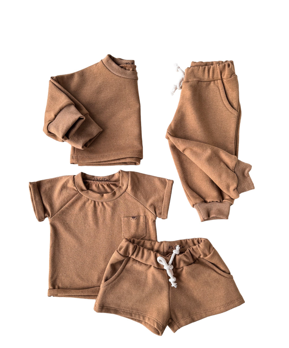 Recycled cotton set / sweater + sweatpants + t-shirt + shorts / caramel