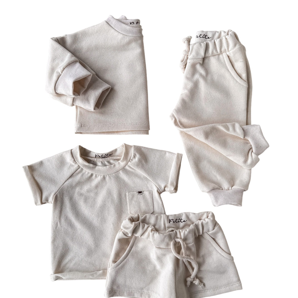 Recycled cotton set / sweater + sweatpants + t-shirt + shorts / ecru