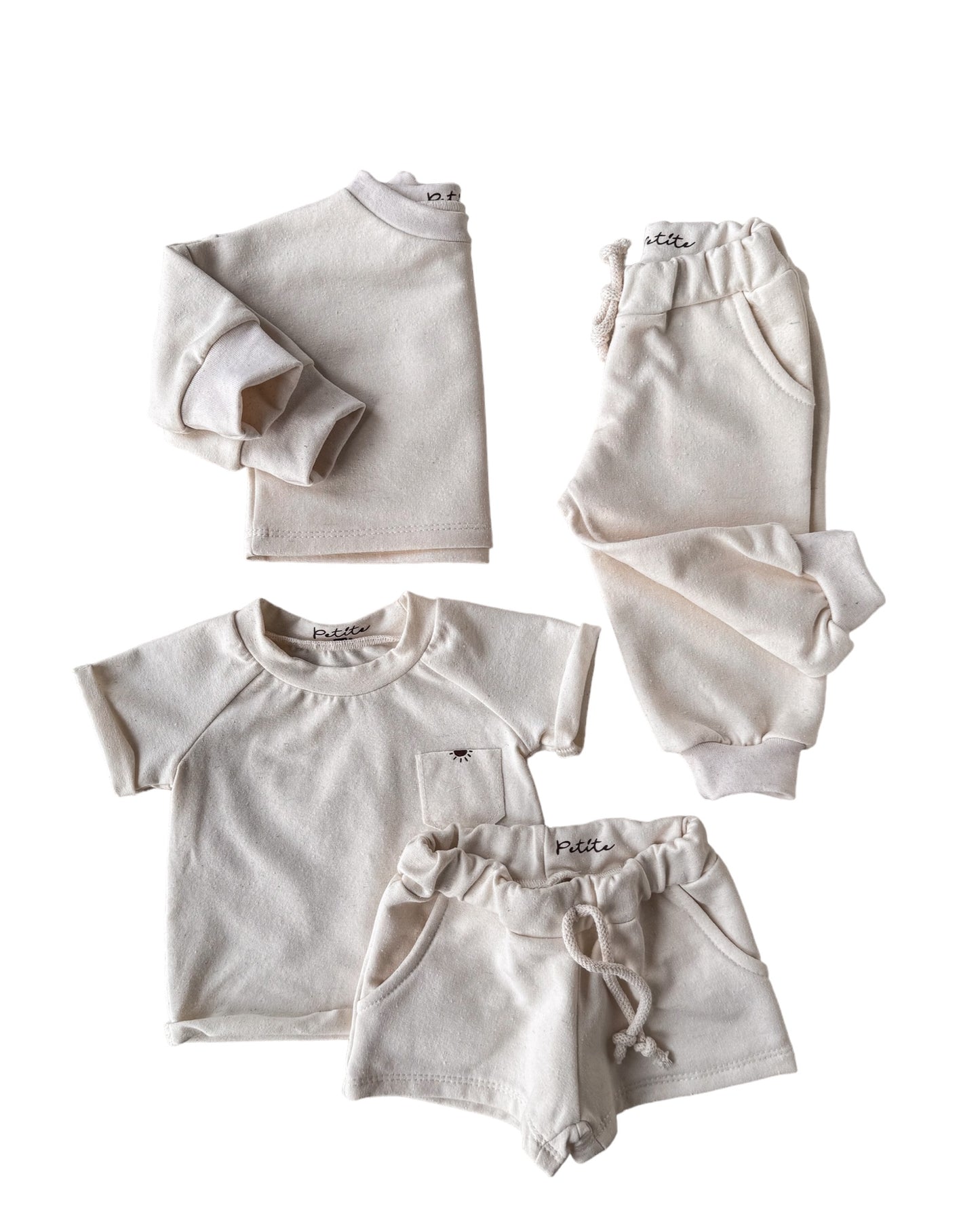 Recycled cotton set / sweater + sweatpants + t-shirt + shorts / ecru