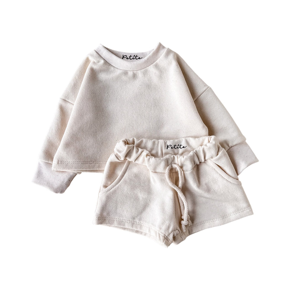 Recycled cotton set / sweater + sweatpants + t-shirt + shorts / ecru