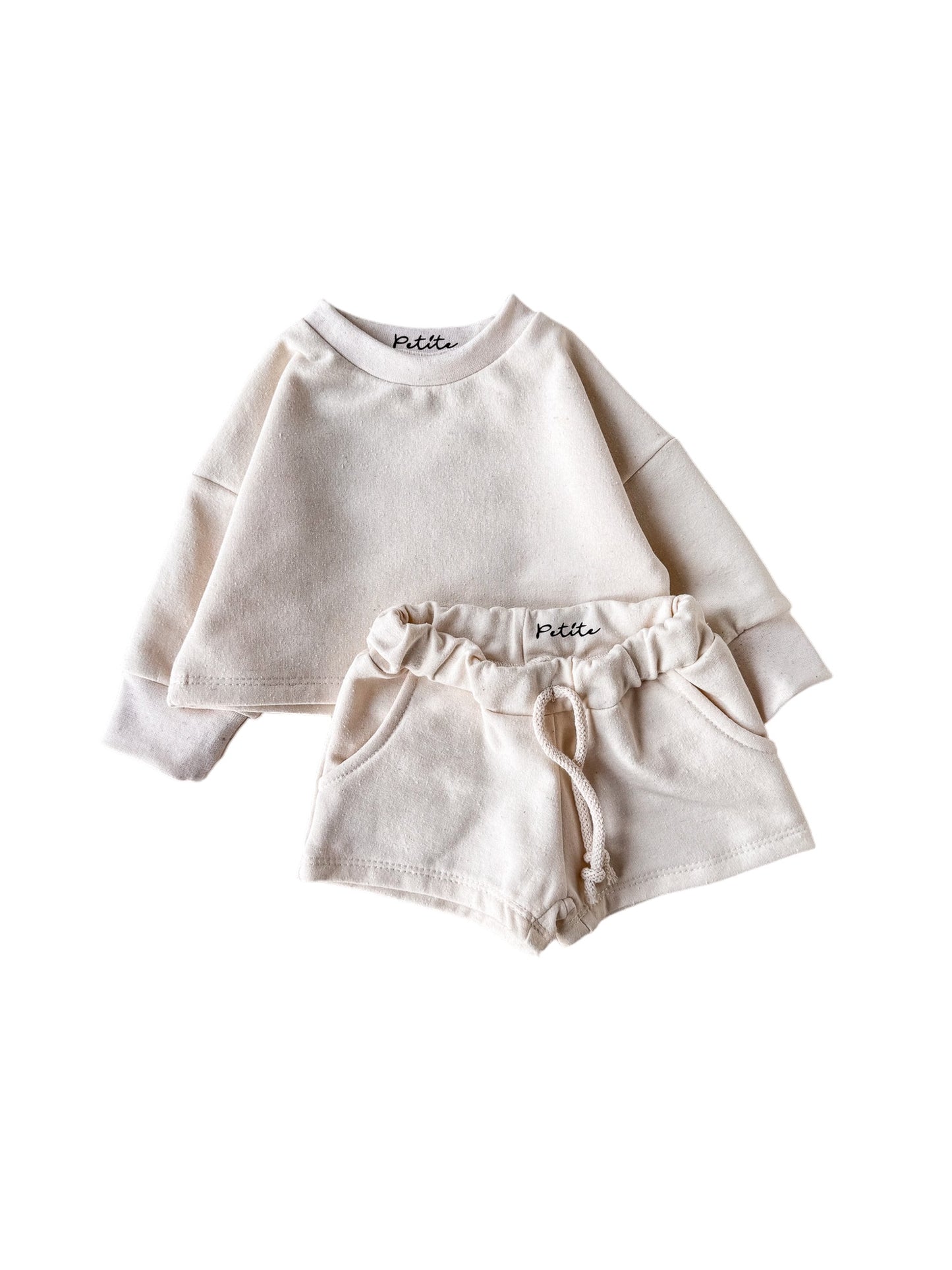 Recycled cotton set / sweater + sweatpants + t-shirt + shorts / ecru