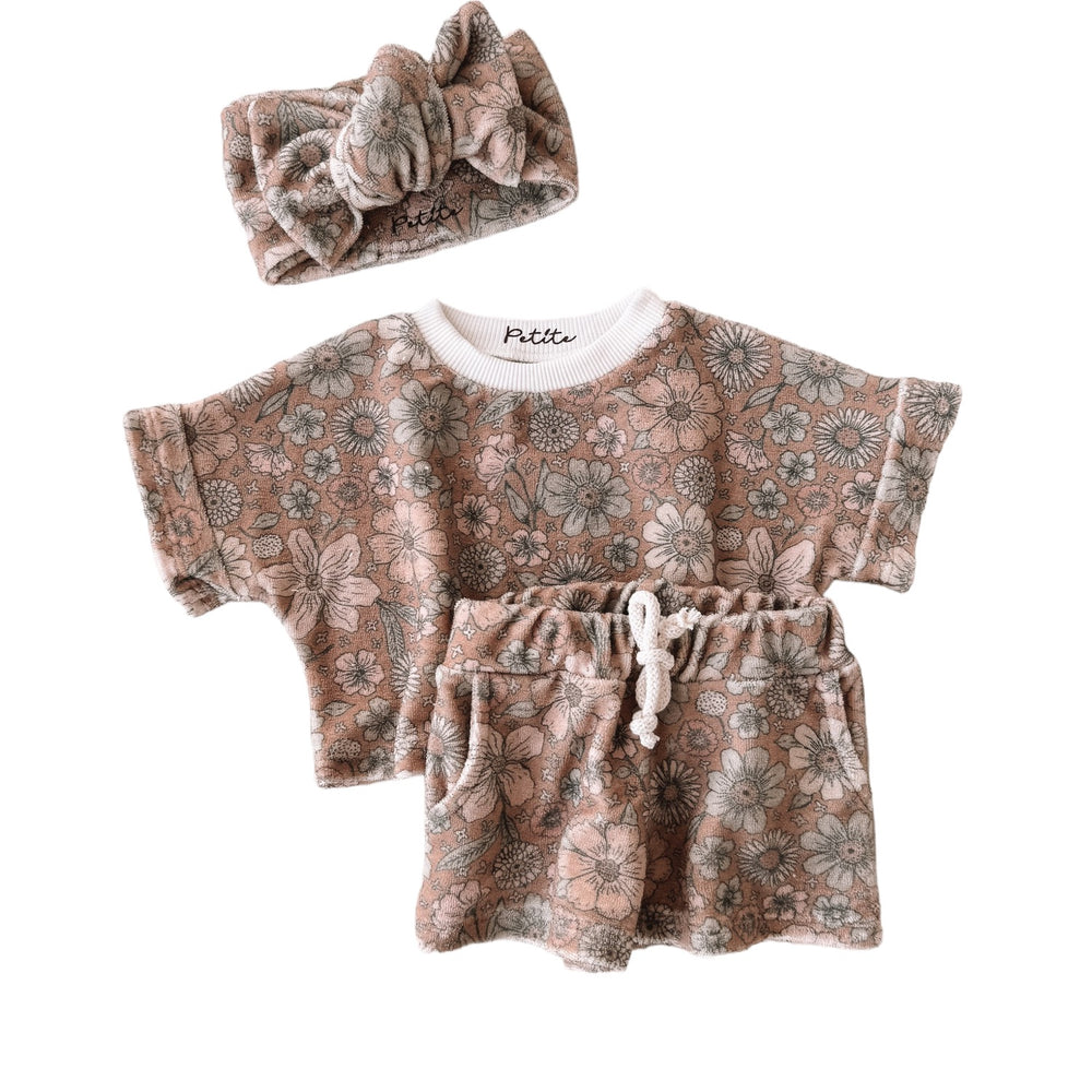 Terry shorts + top + headband / bold floral - caramel