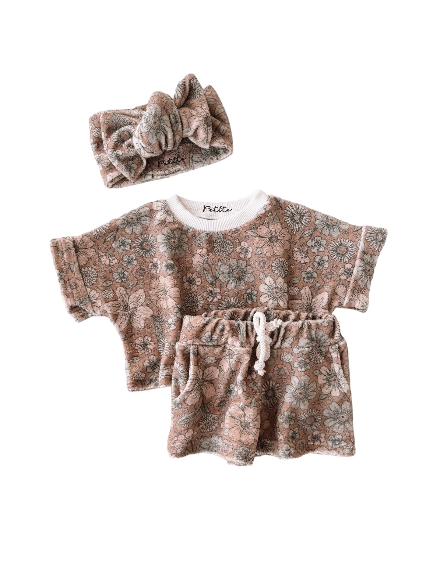 Terry shorts + top + headband / bold floral - caramel