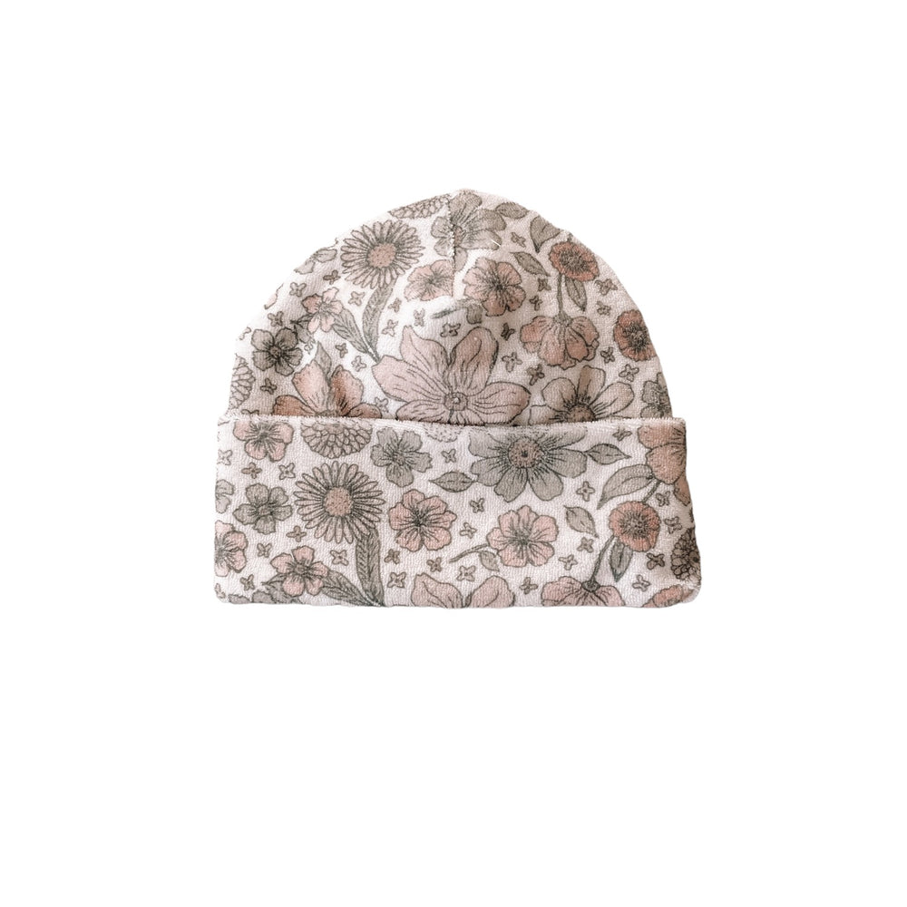 Terry beanie / bold floral ecru