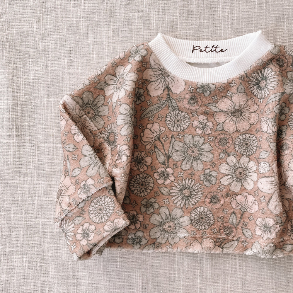 Terry sweater / bold floral caramel