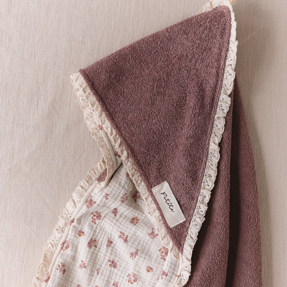 
                      
                        Baby Hooded towel  /  mauve floral + lace
                      
                    