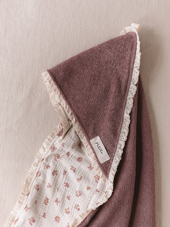 Baby Hooded towel  /  mauve floral + lace