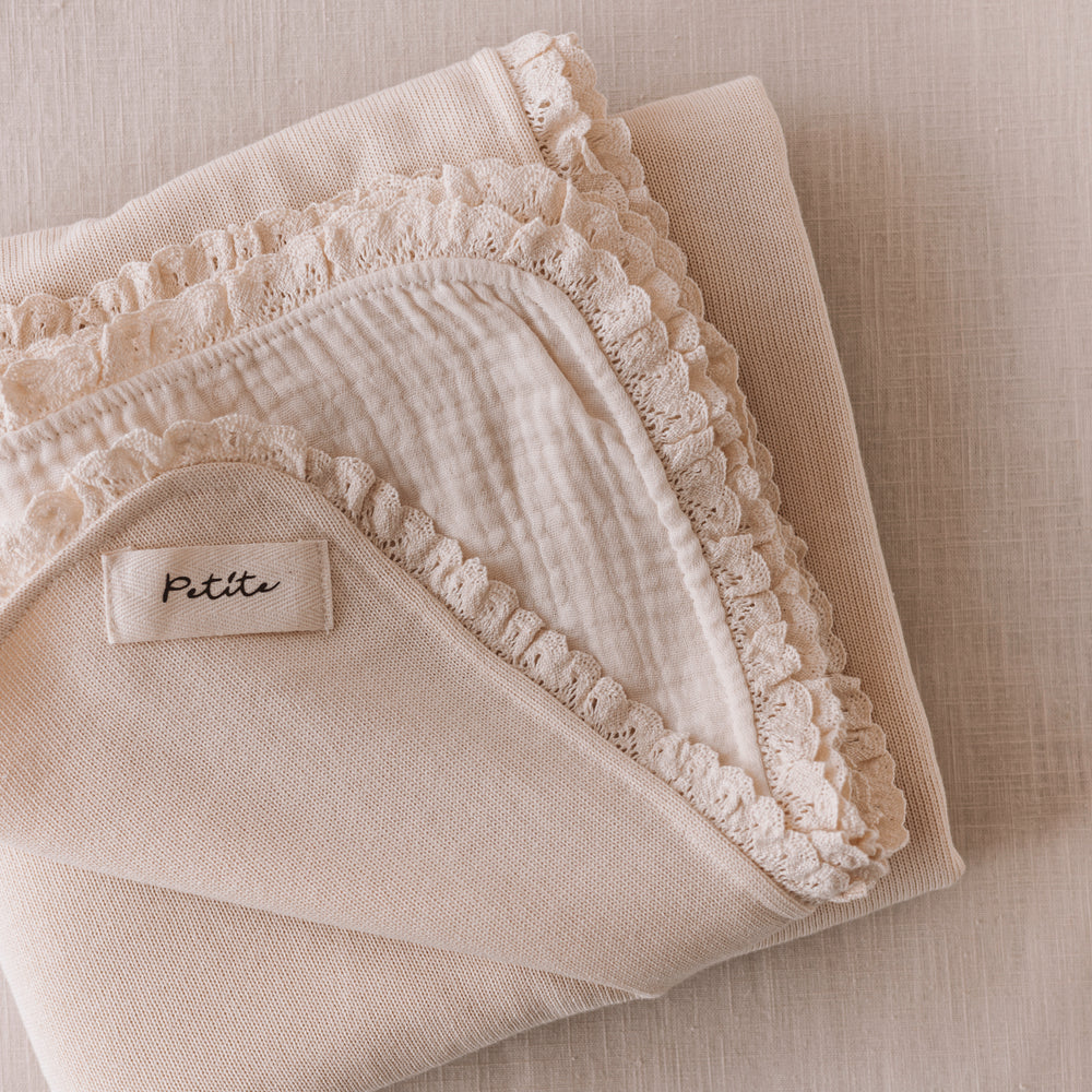 Knit + Muslin Blanket /  buttercream + lace