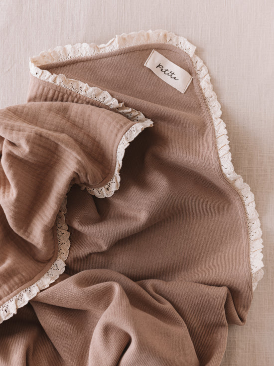 Knit + Muslin Blanket /  dark beige + lace