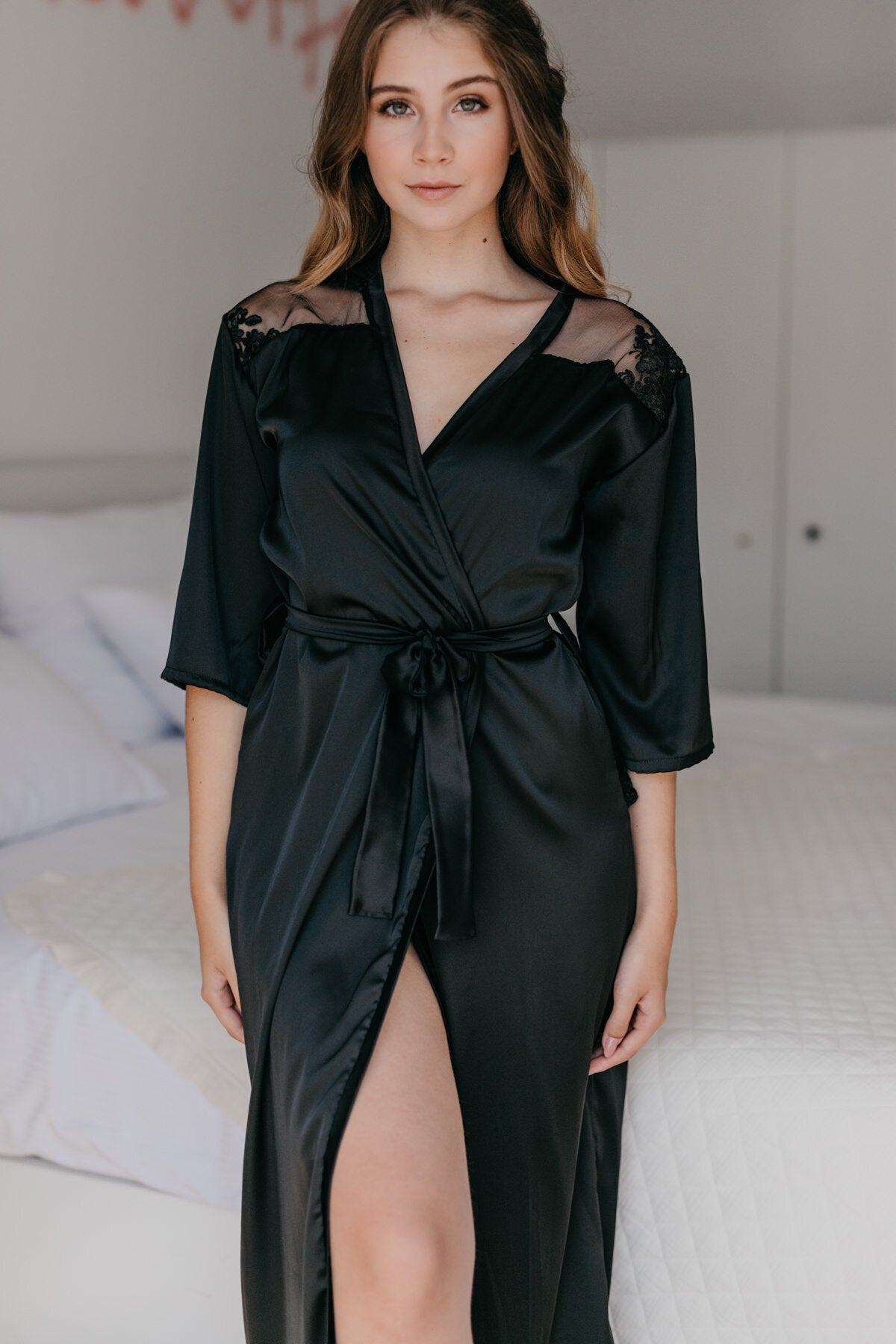 Black satin and lace back robe