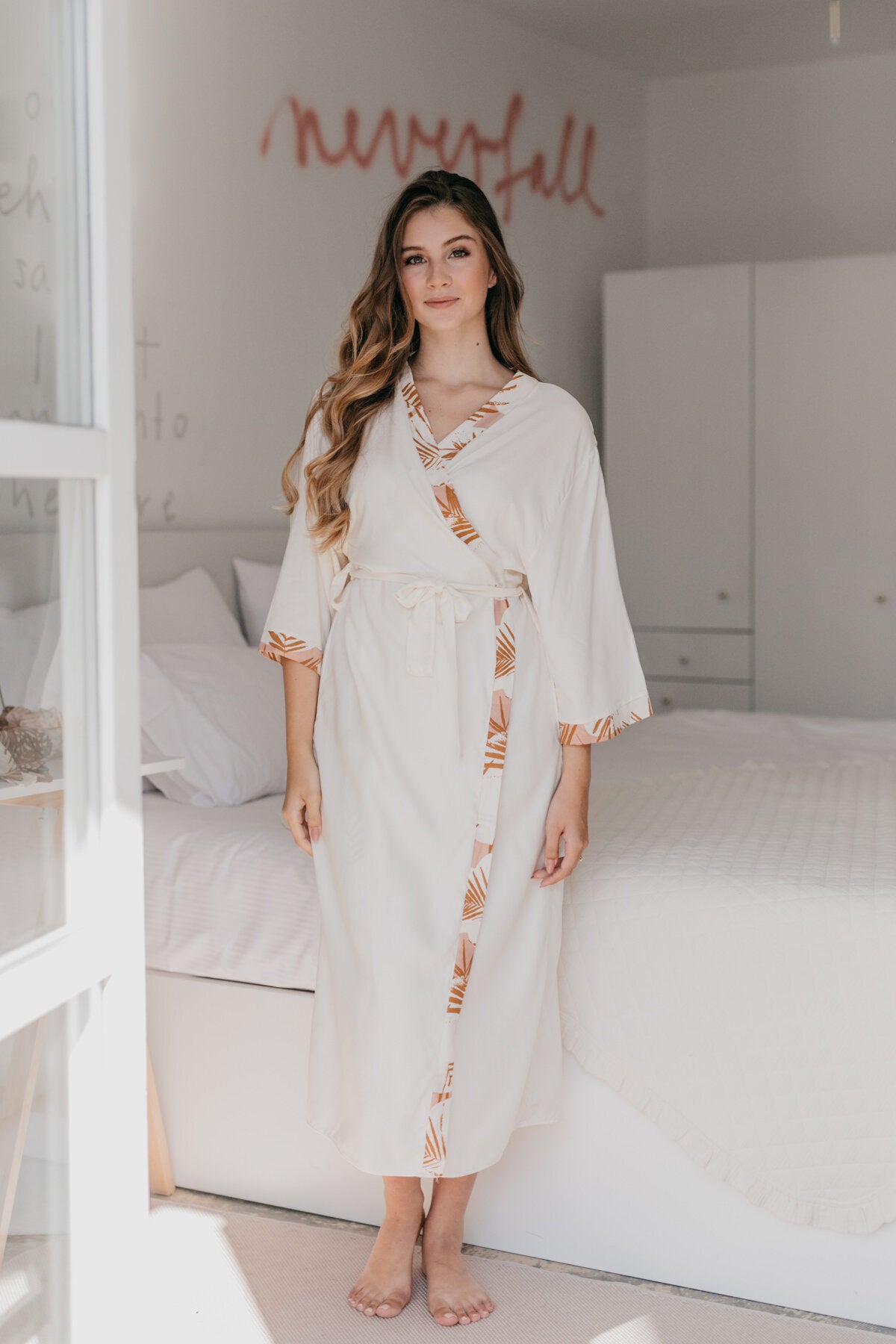 Load image into Gallery viewer, Ivory robe with floral tan trim
