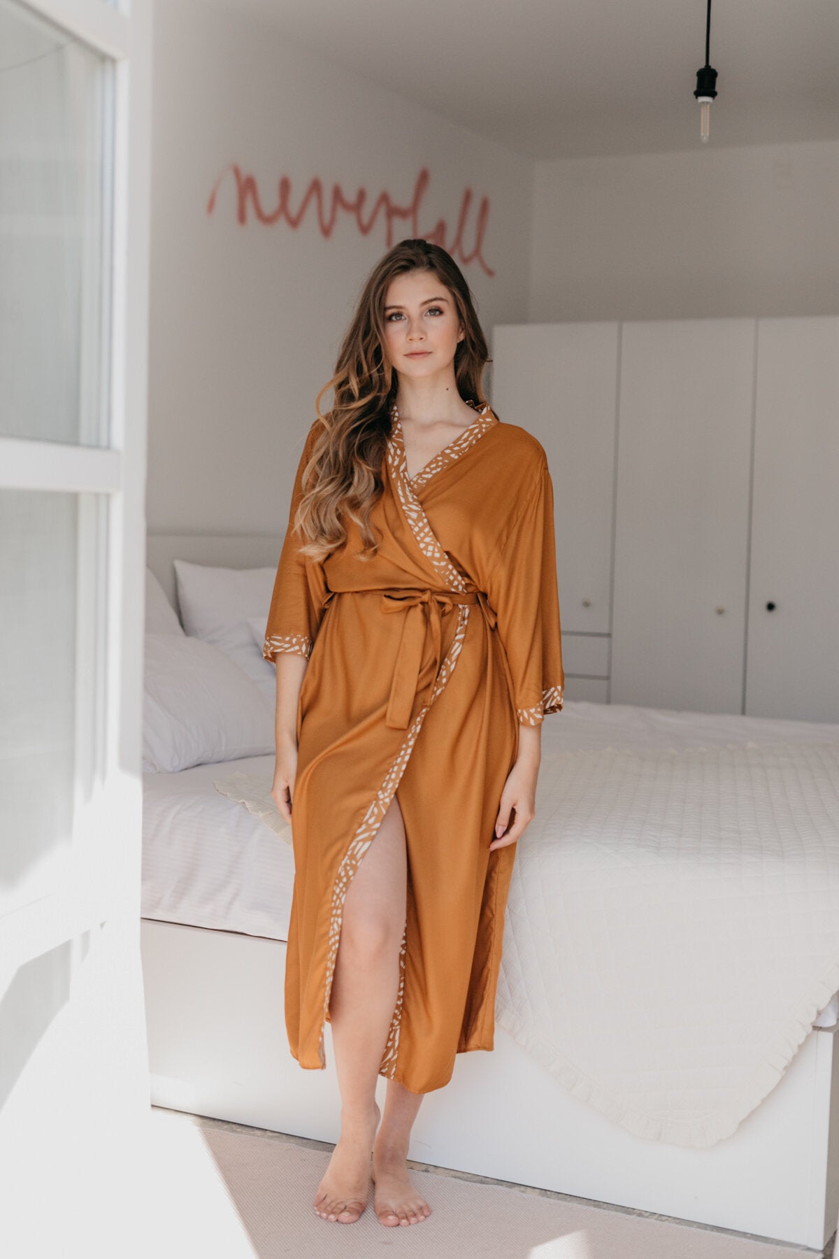 Load image into Gallery viewer, Tan robe with floral tan trim
