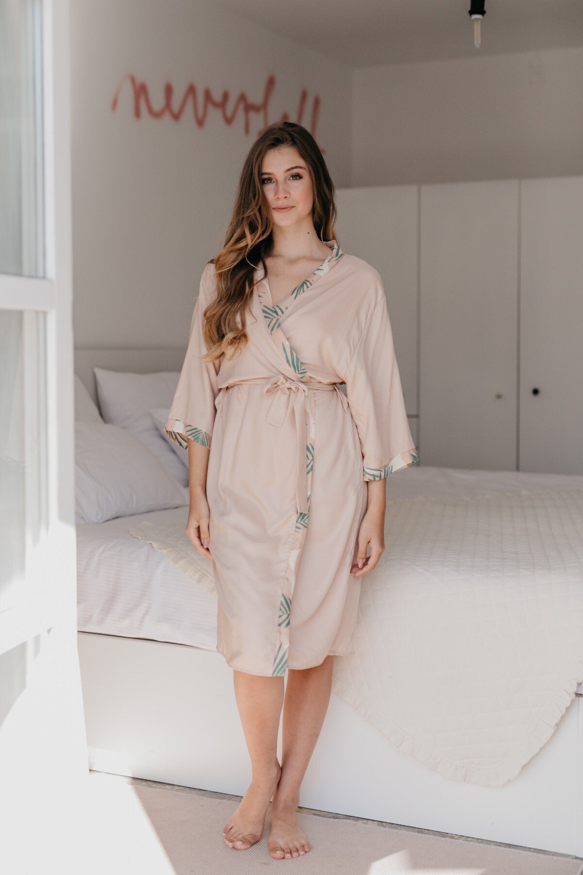 Blush robe with floral emerald trim