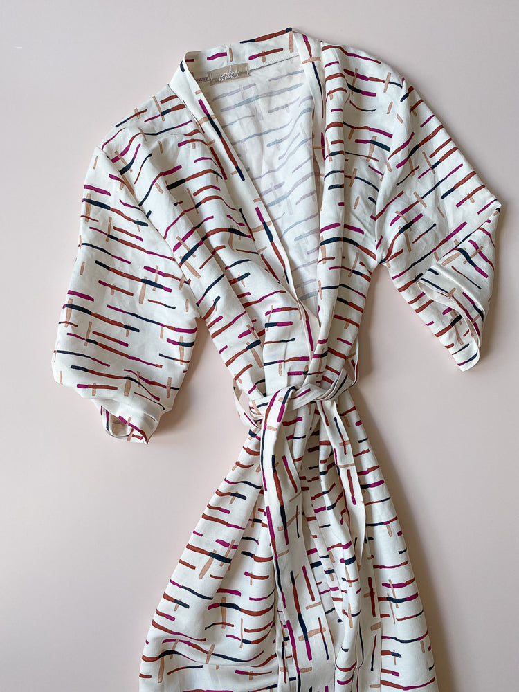 Loungewear robe / linen - ivory stripes