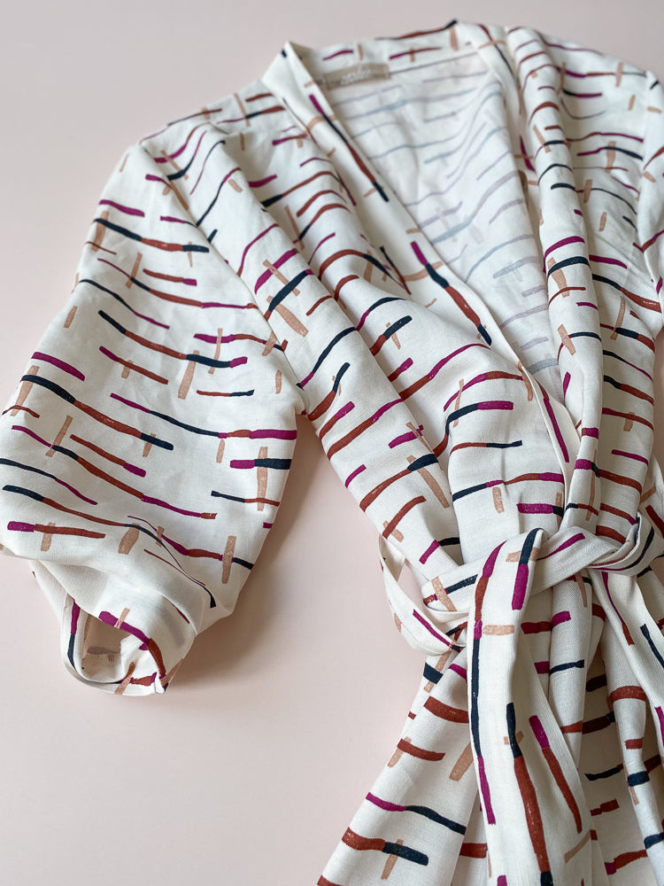 Loungewear robe / linen - ivory stripes